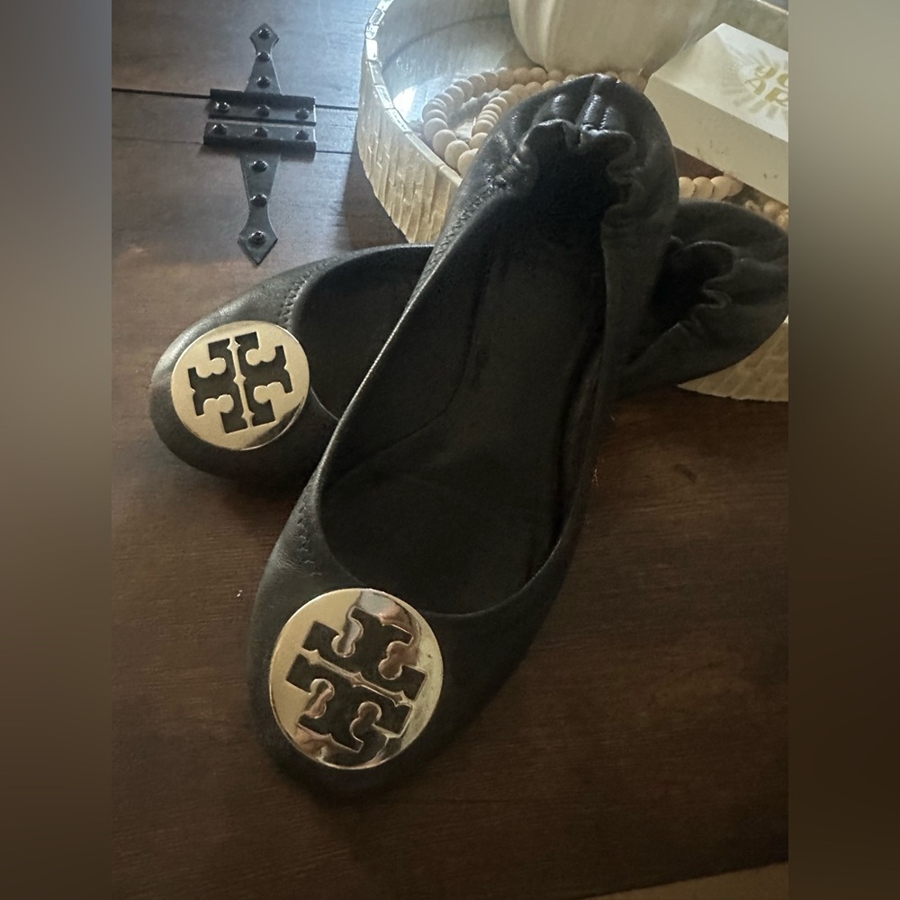 Tory Burch Black Flats with Silver Emblem